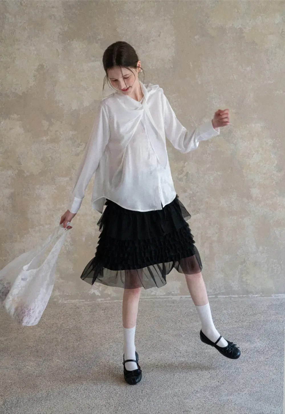 Ribbed Long Sleeve Shirt with Tie Neck Detail