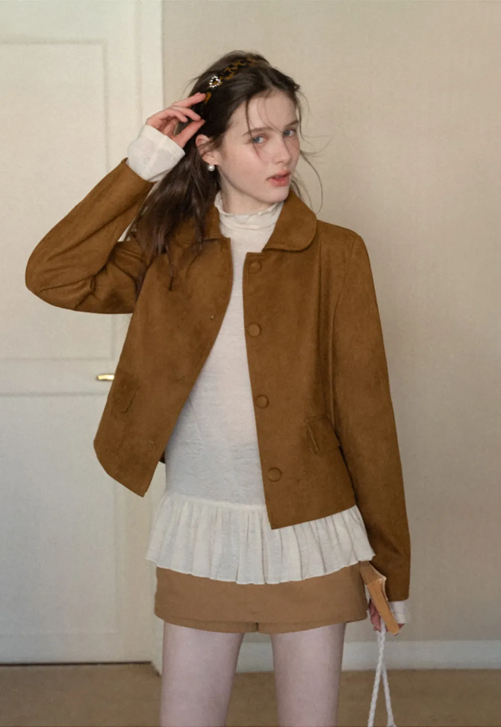 Soft Faux Suede Jacket with Button Closure and Collar Design