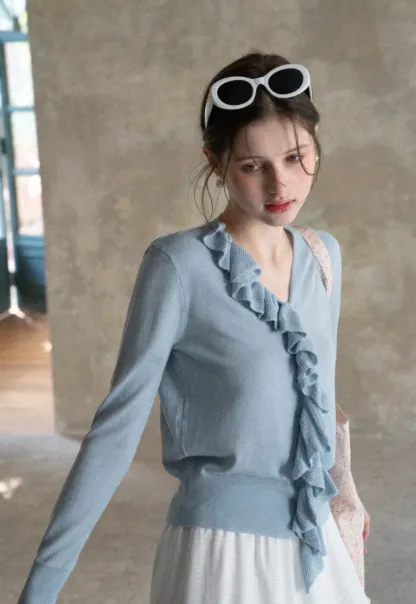 Lightweight Long Sleeve Knit Sweater with Ruffled Trim