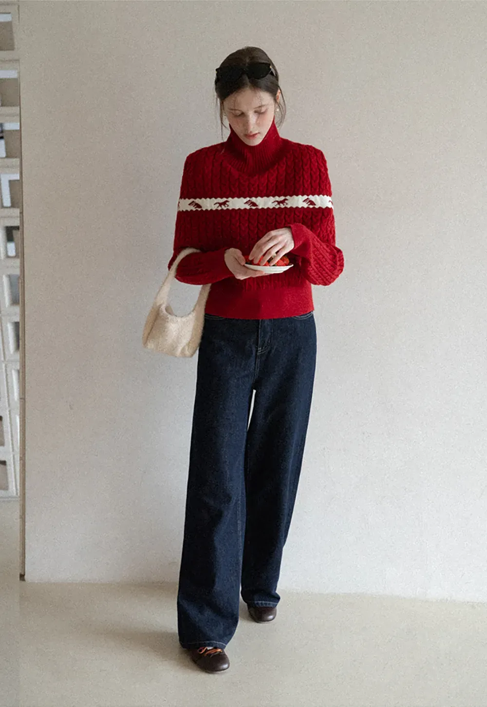 Turtleneck Cable Knit Sweater with Horse Pattern Stripe