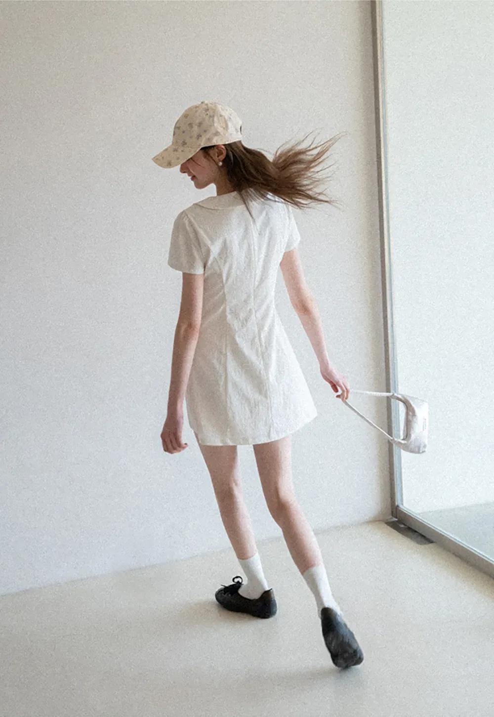 Button Front Dress with Peter Pan Collar and Short Sleeves