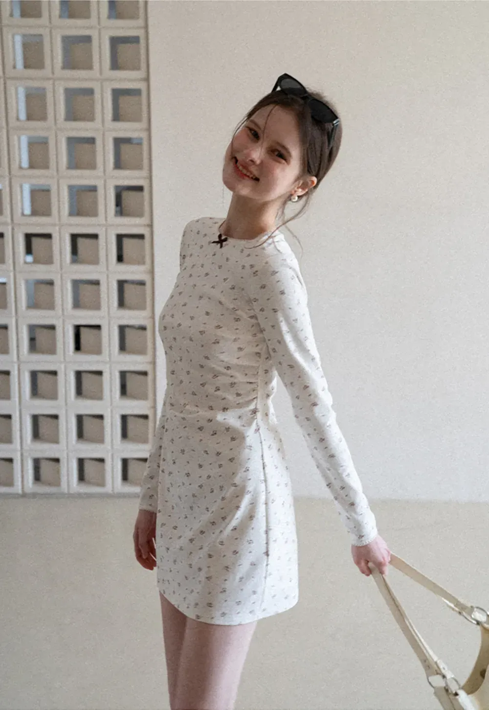 Long Sleeve Floral Print Dress with Cross Neck Detail