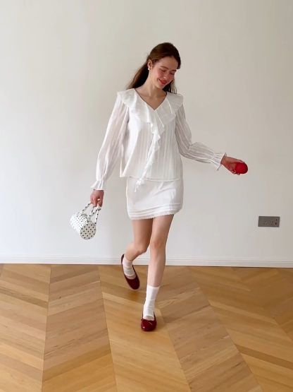 Ruffled Collar Tiered Sleeve Striped Shirt