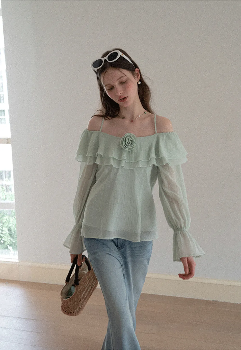 Off Shoulder Blouse with Ruffled Layers and Floral Embellishment