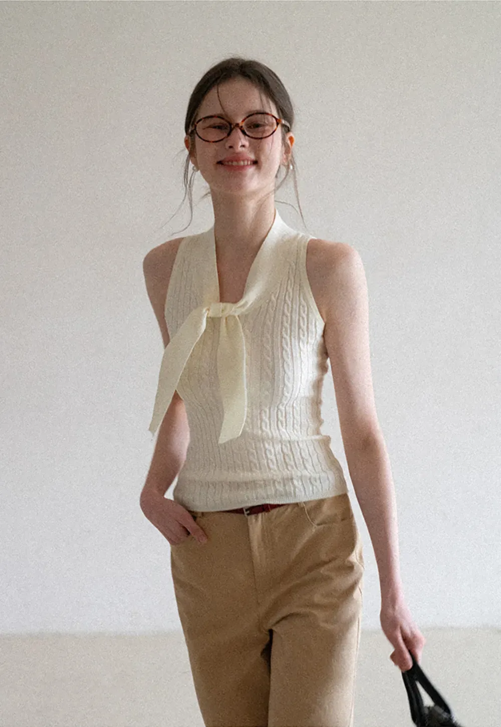 Knit Sleeveless Top with Front Bow Detail