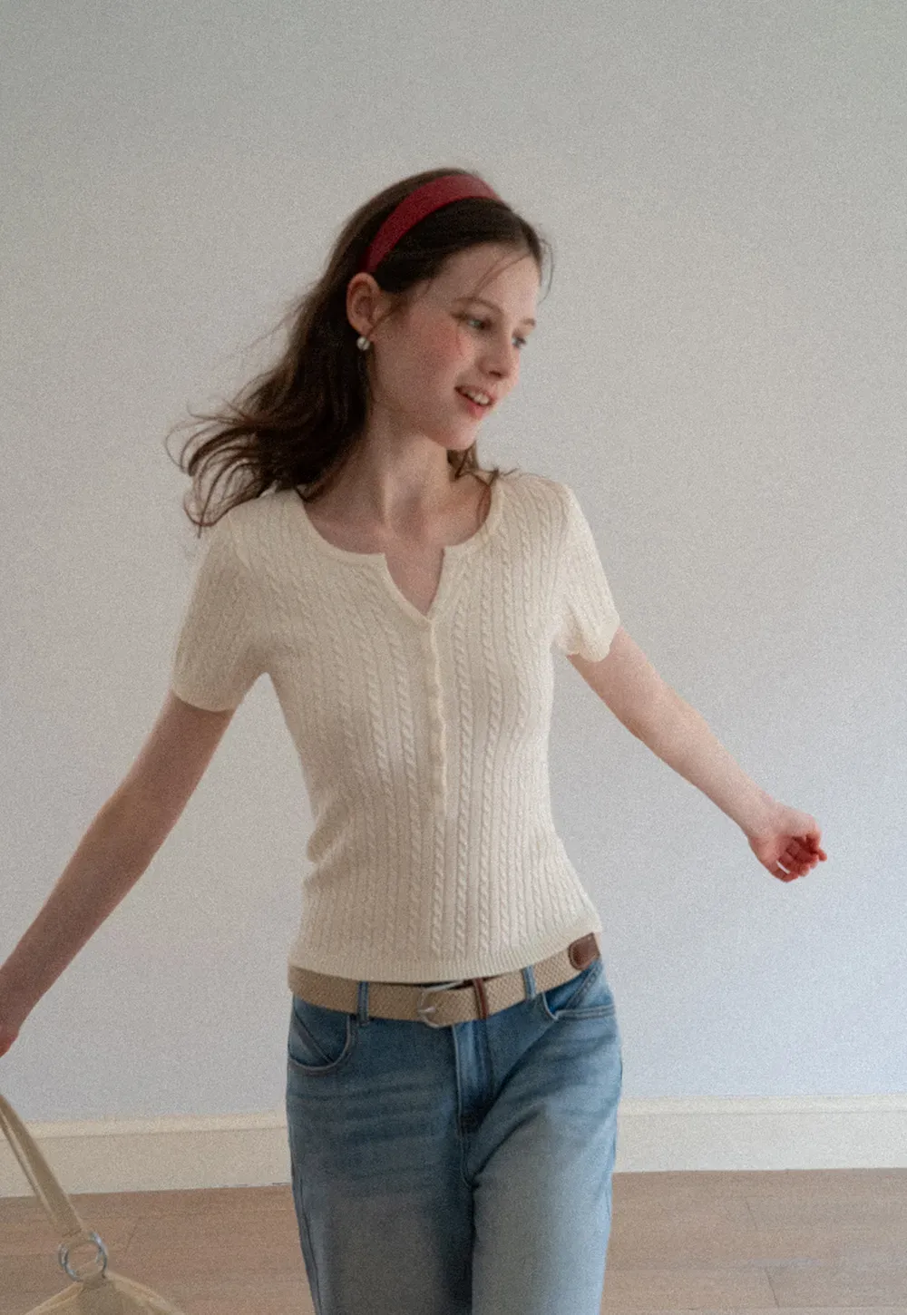Cable Knit Short Sleeve V Neck Sweater