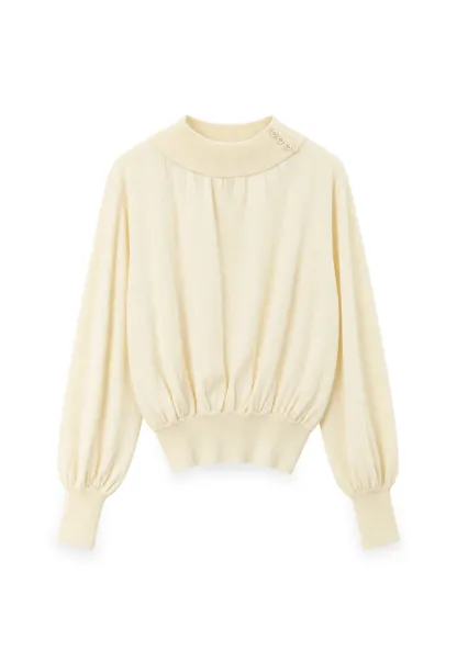 High Neck Pleated Detail Woolen Knit Sweater