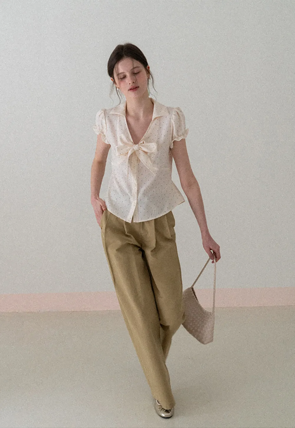 Short Sleeve Shirt with Bow Detail and Polka Dots