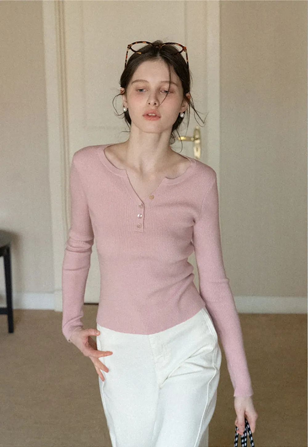 Elegant Henley Knit Top with Button Detail