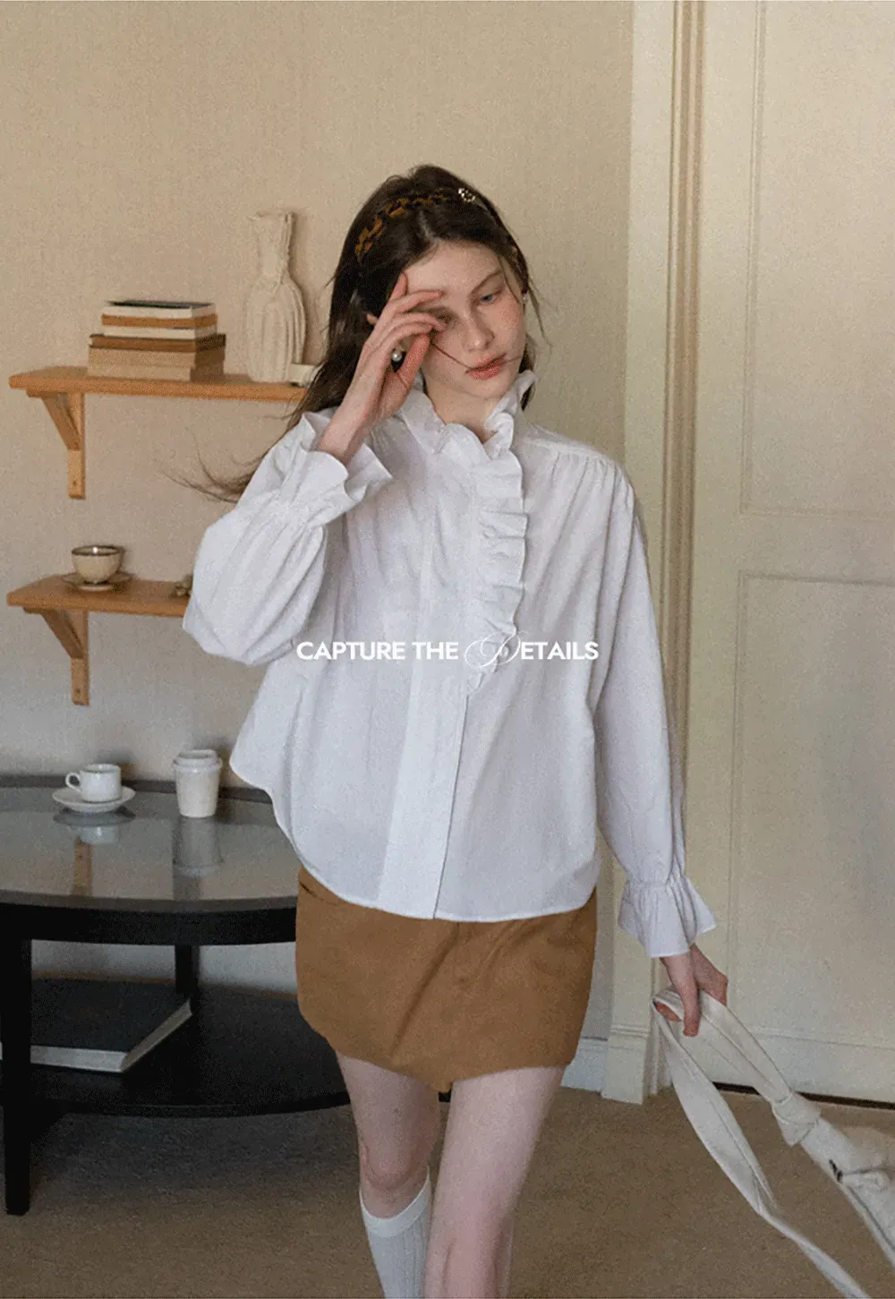 Elegant Ruffled Collar Blouse with Flared Cuffs