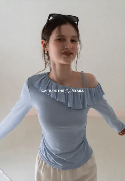 Long Sleeve Top with Ruffled Off Shoulder Design