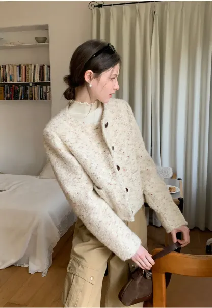 Textured Short Jacket with Long Sleeves and Round Neck