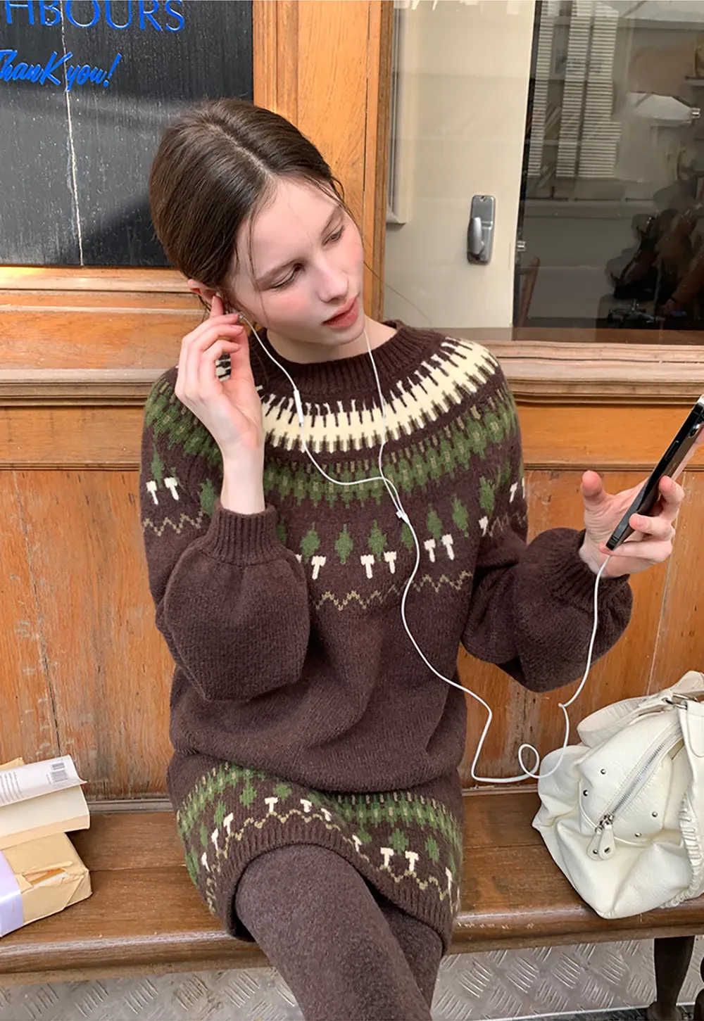 Woolen Knit Sweater and Skirt Set with Pattern Design