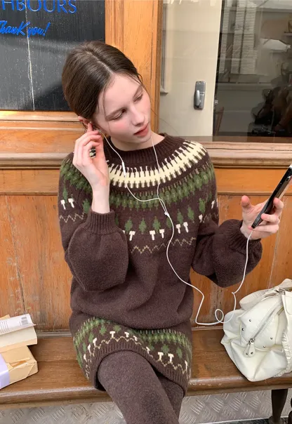 Woolen Knit Sweater and Skirt Set with Pattern Design