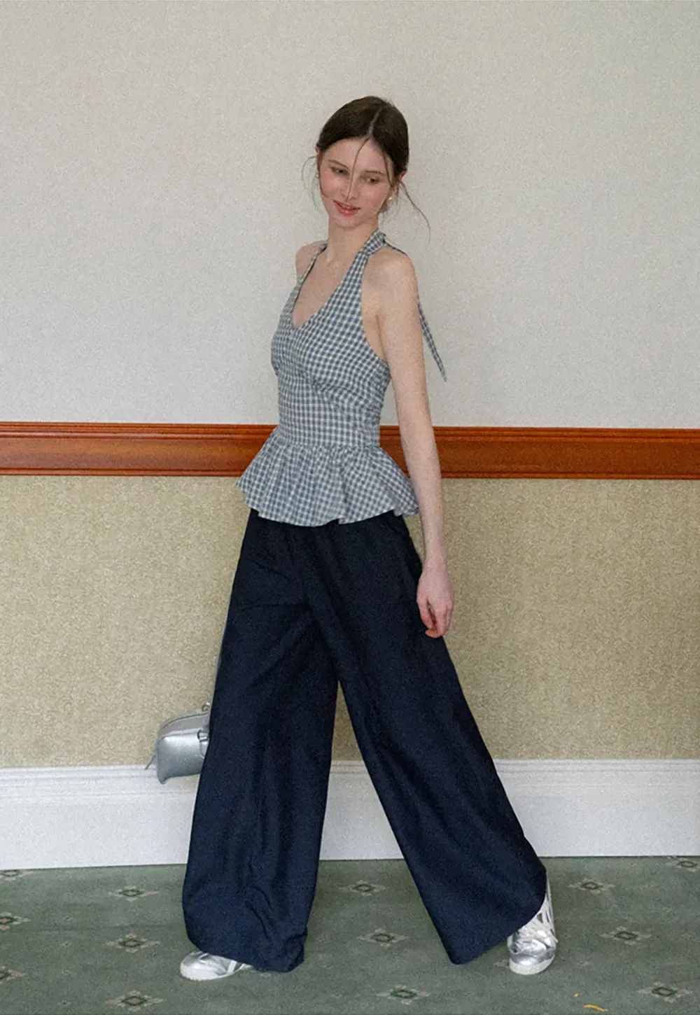 Gingham Halter Neck Peplum Top