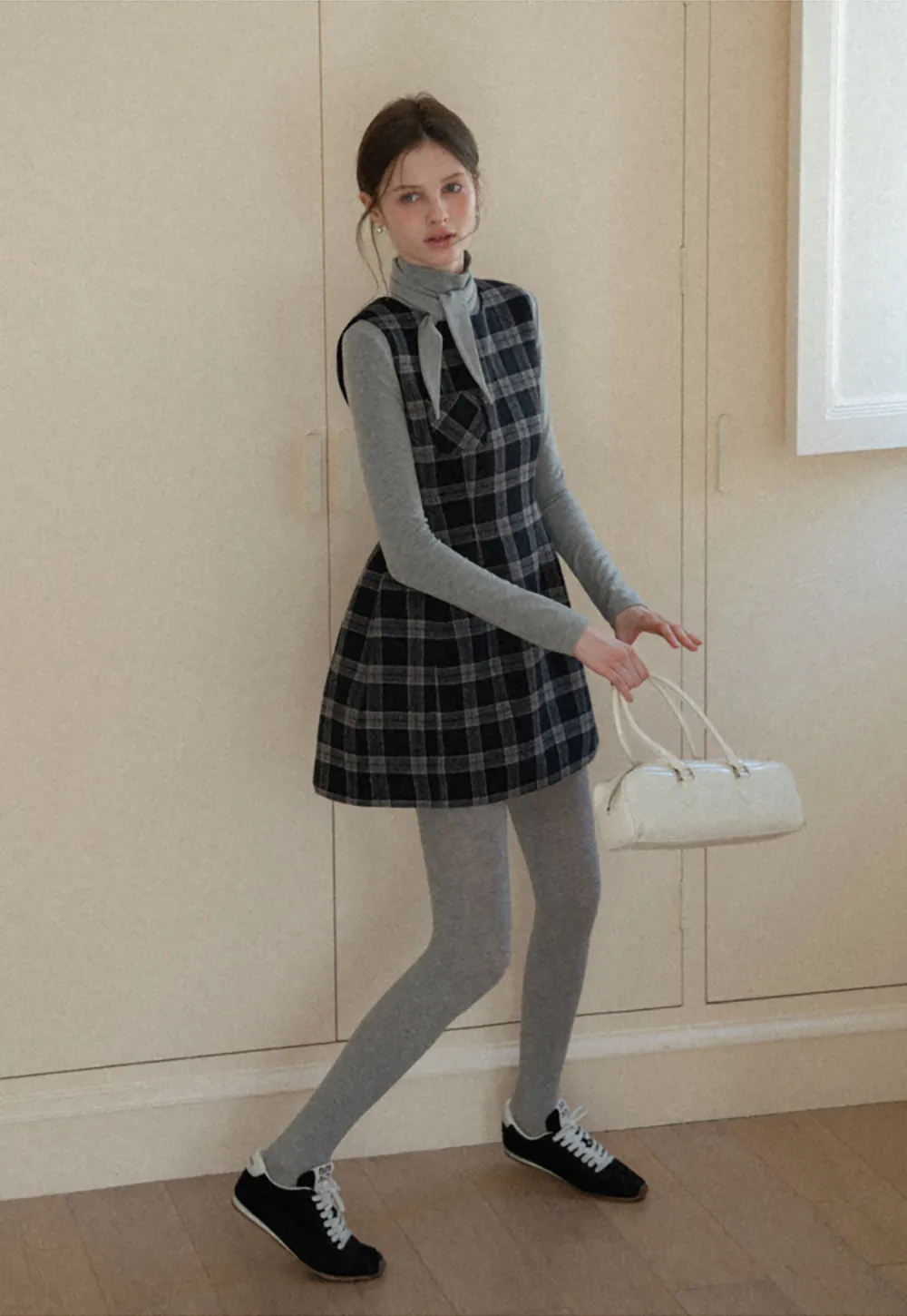 Sleeveless Plaid Dress with High Neck Tie Design