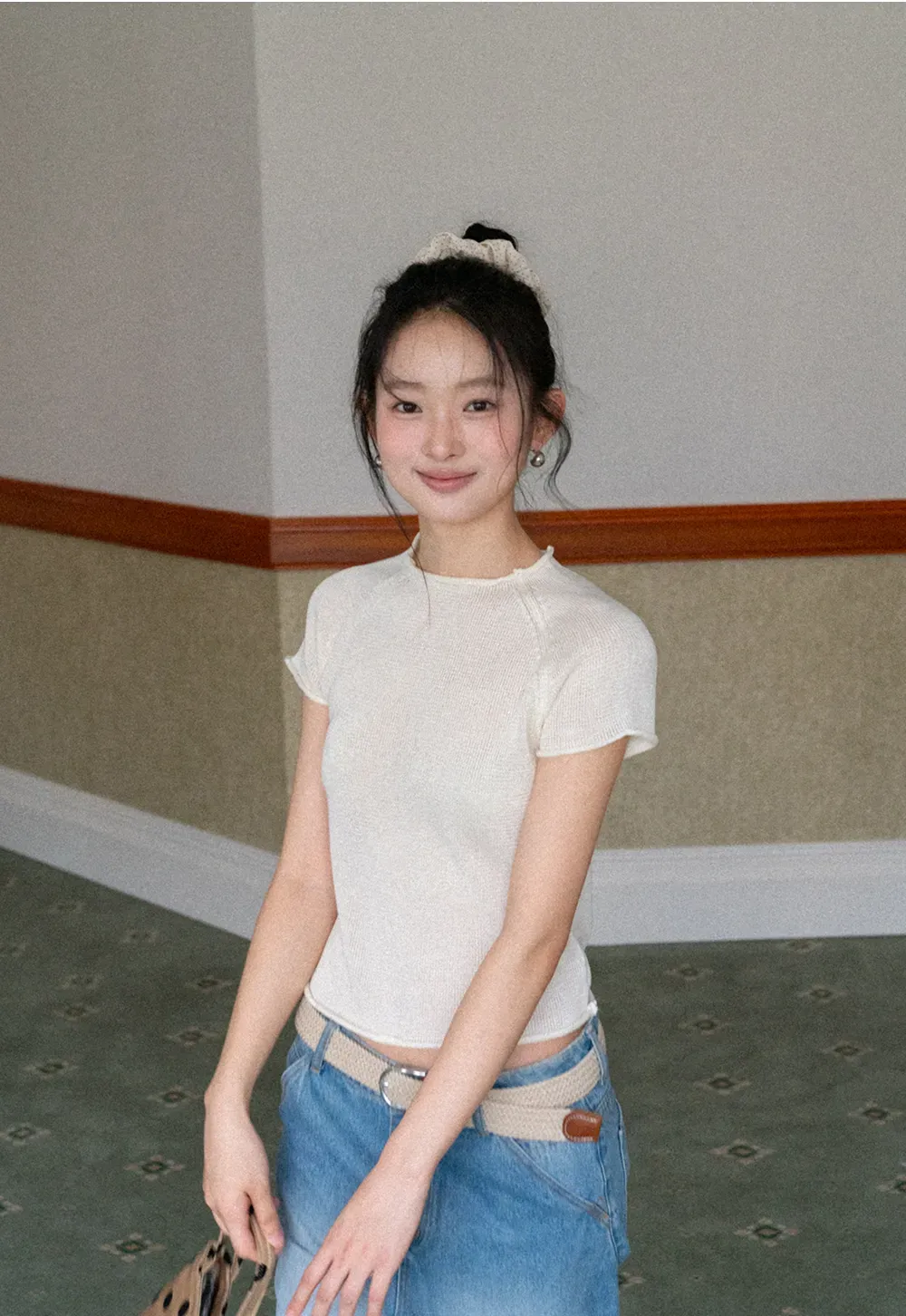 Short Sleeve Ribbed Knit Top with Raglan Sleeves