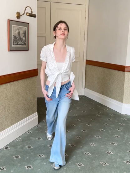 Polka dot short sleeve shirt with front tie detail