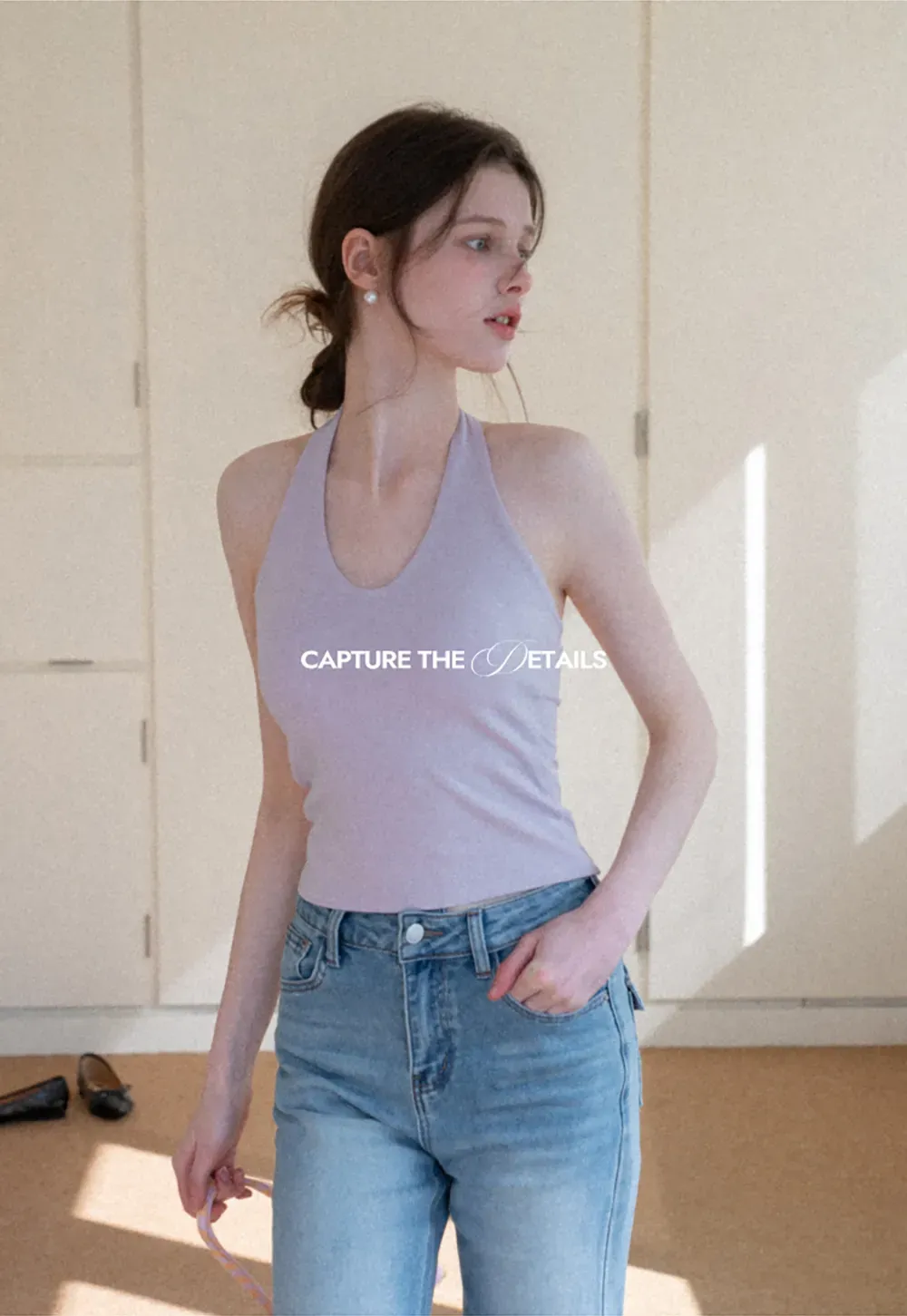 V neck halter tank top with fitted silhouette