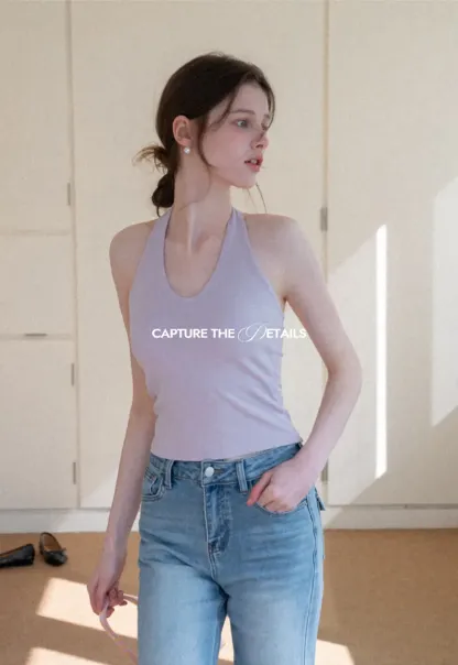 V neck halter tank top with fitted silhouette