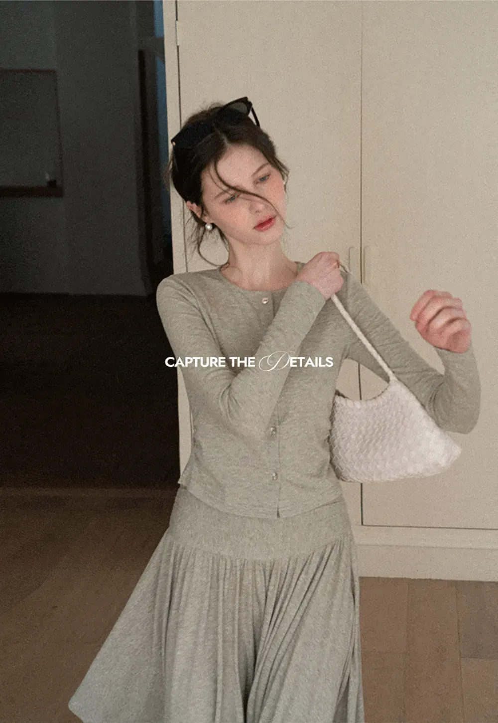 Long sleeve button front top and asymmetrical skirt