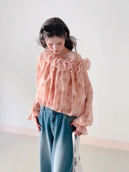 Off Shoulder Ruffled Lace Chiffon Blouse