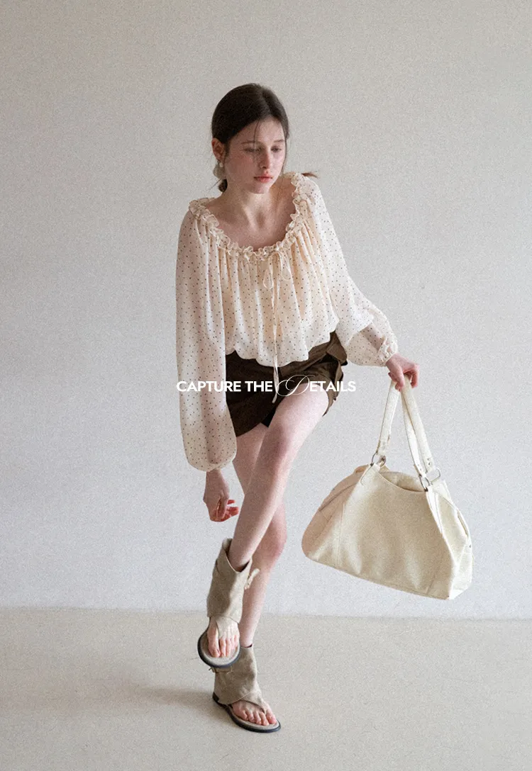 Polka Dot Ruffled Off Shoulder Chiffon Blouse