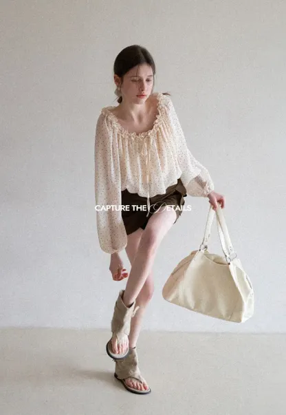 Polka Dot Ruffled Off Shoulder Chiffon Blouse