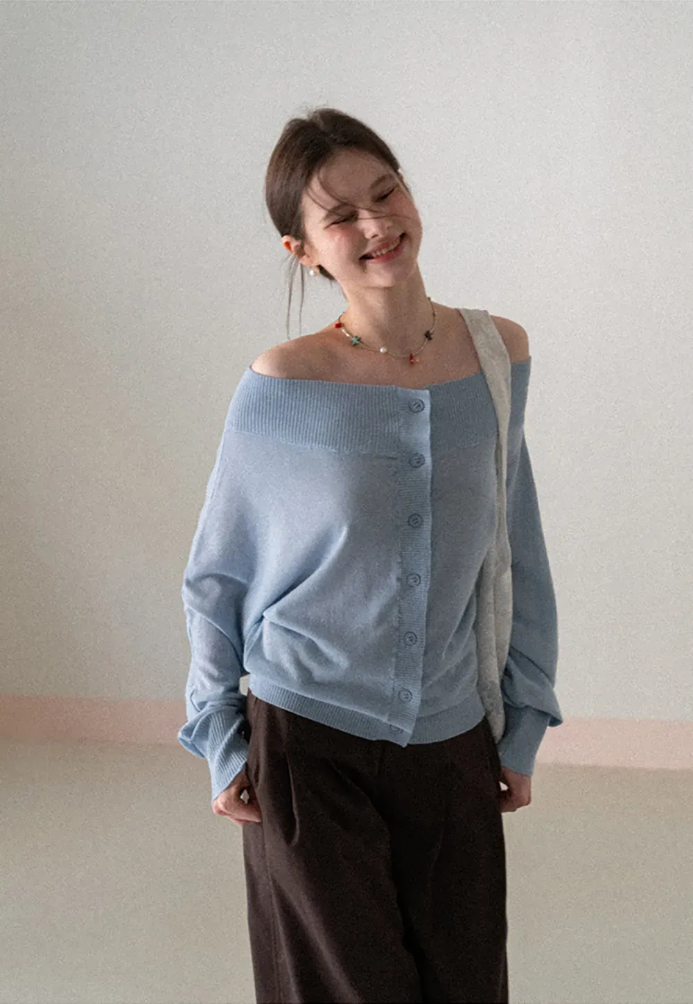 Off Shoulder Knit Cardigan with Button Front