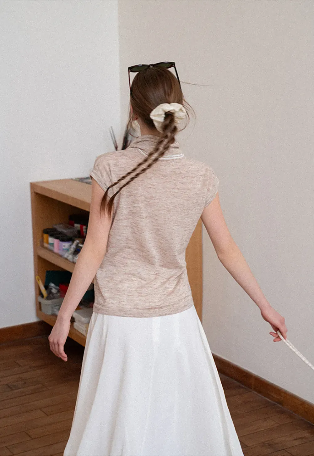 Short Sleeve Knit Sweater with Neck Tie Detail