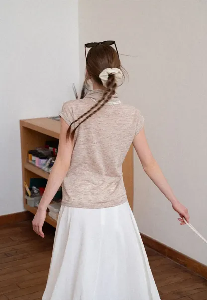 Short Sleeve Knit Sweater with Neck Tie Detail