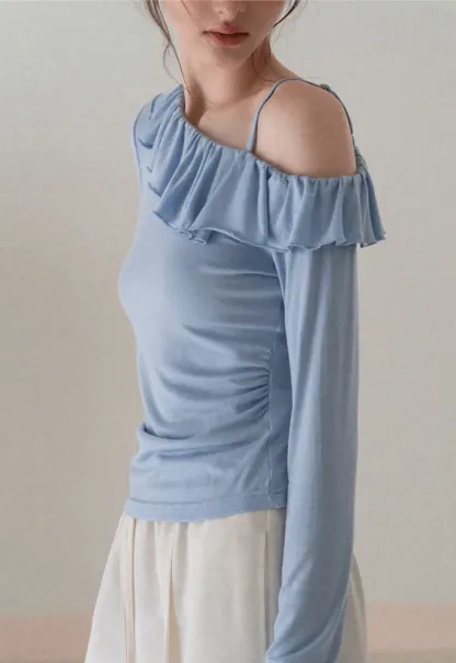 Long Sleeve Top with Ruffled Off Shoulder Design