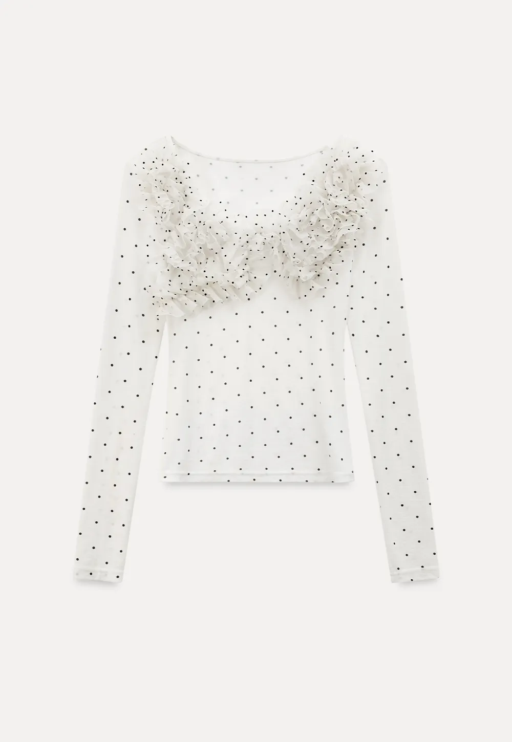 Polka dot long sleeve top with ruffled neckline