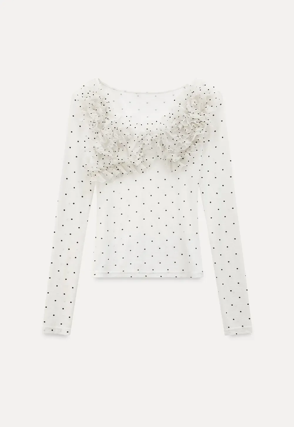 Polka dot long sleeve top with ruffled neckline