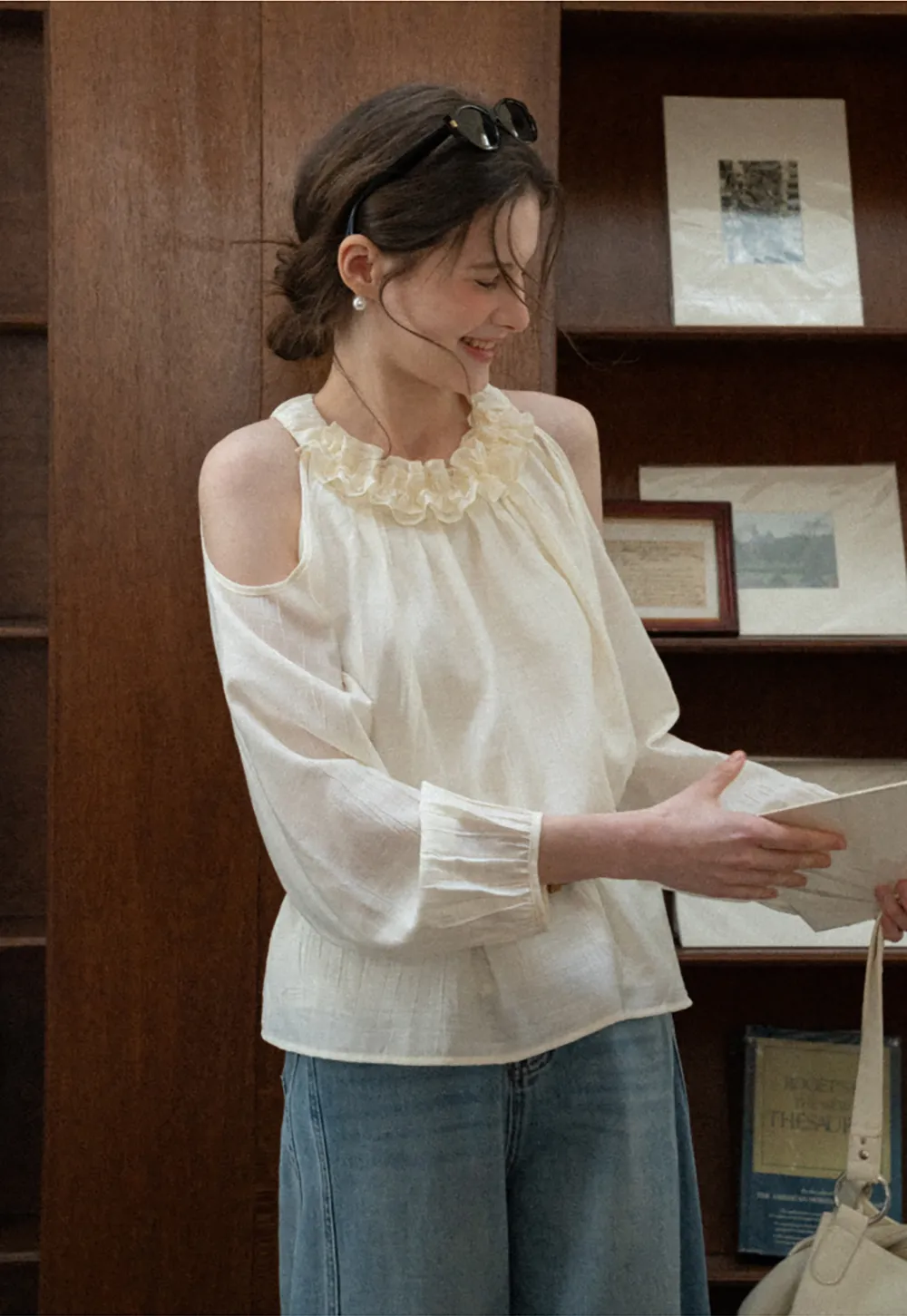 Lace Chiffon Blouse with Ruffled Neck and Cold Shoulder