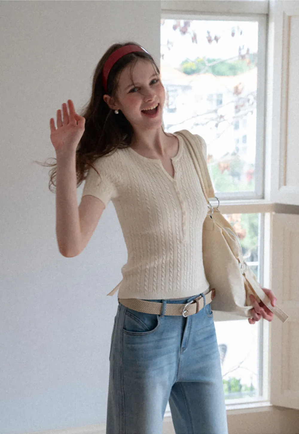 Cable Knit Short Sleeve V Neck Sweater