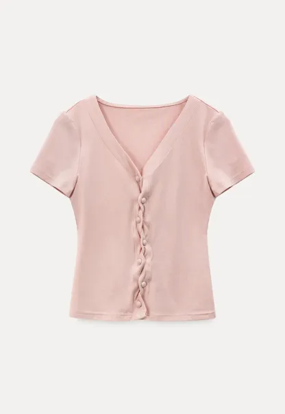 V neck short sleeve button front top