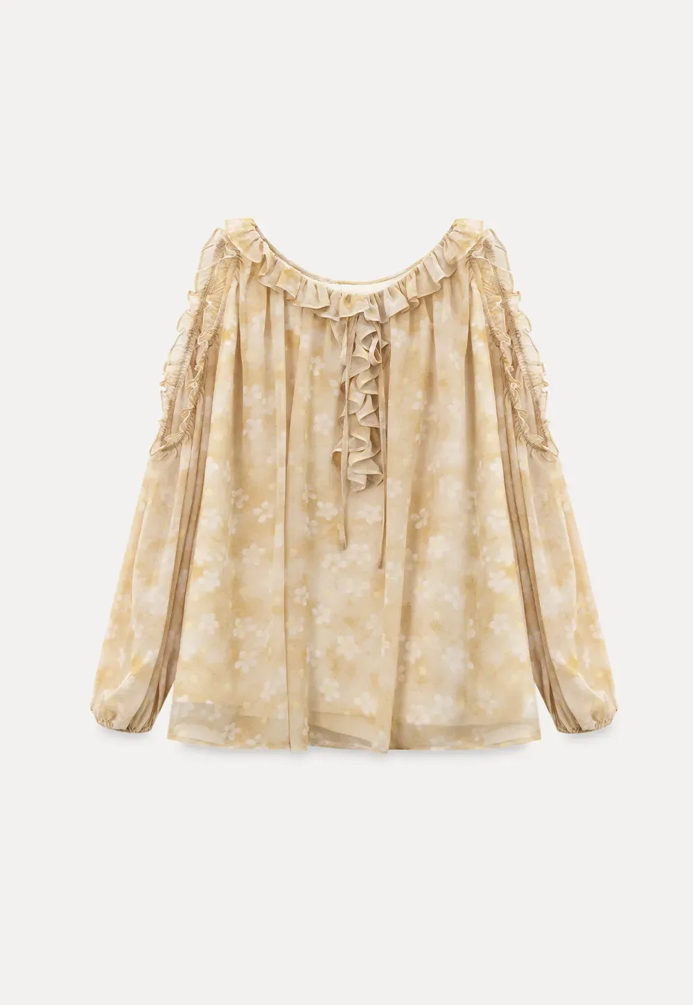Lace Chiffon Blouse with Ruffled Neck and Sleeves