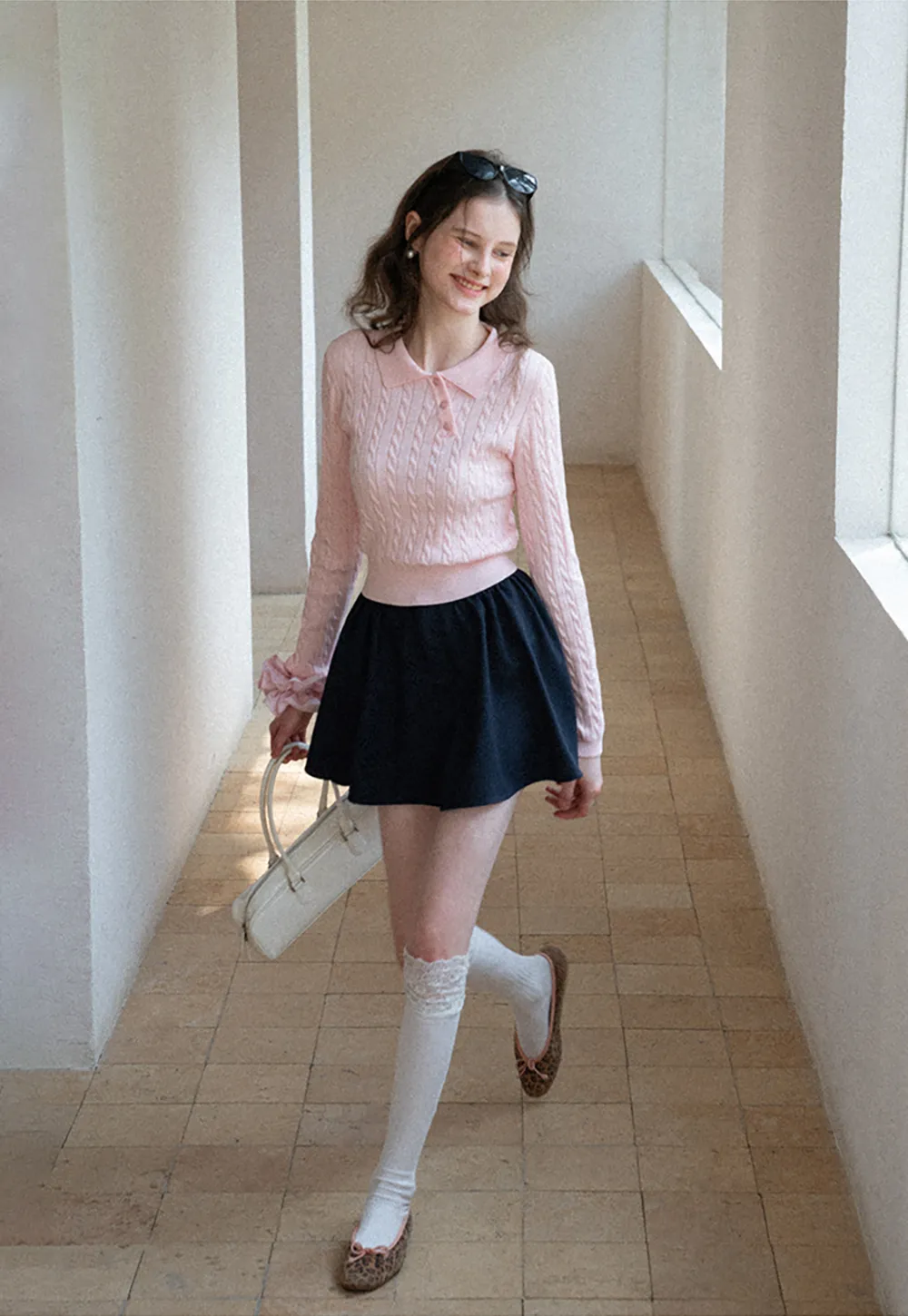 Cable Knit Long Sleeve Polo Neck Cropped Sweater