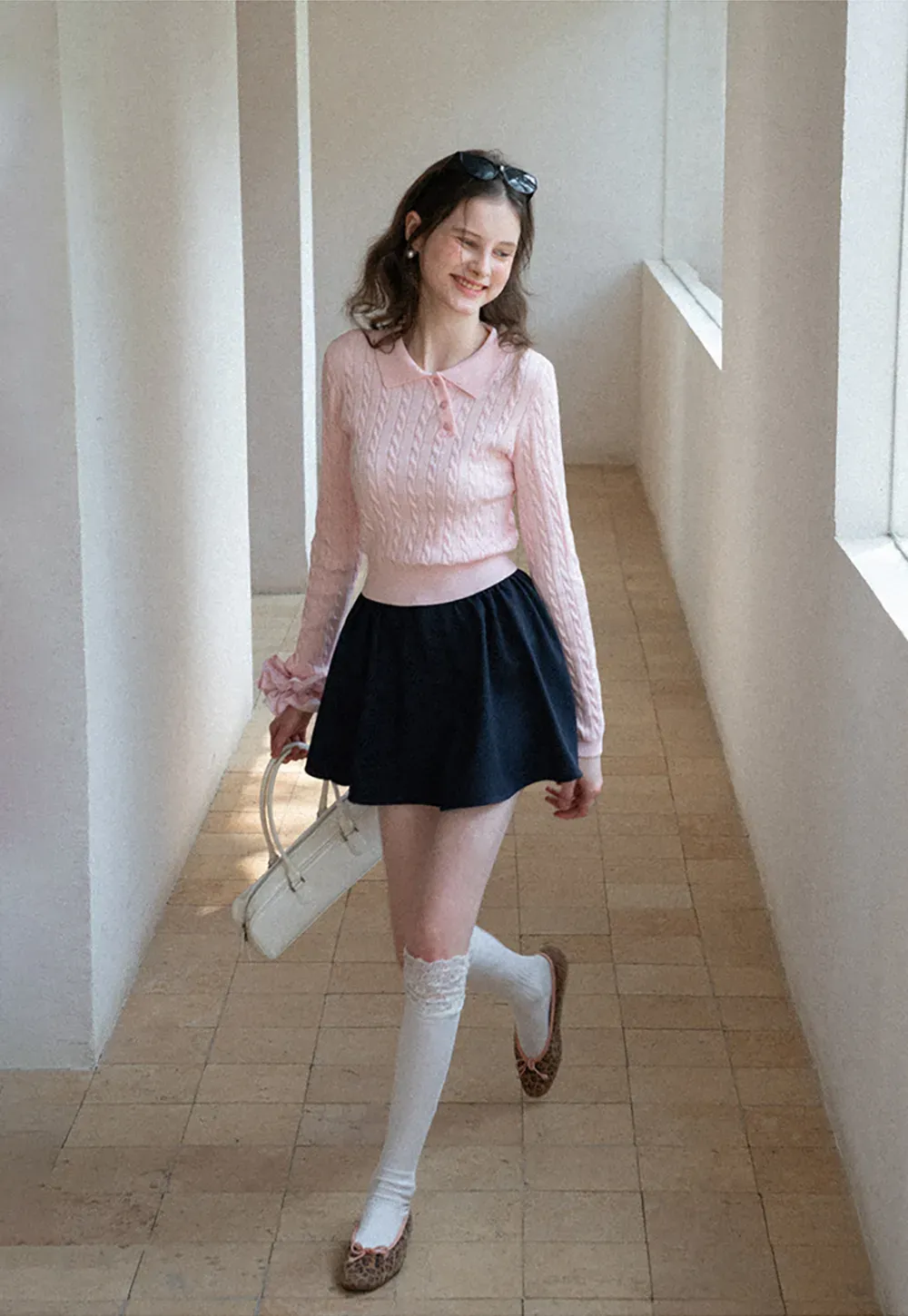 Cable Knit Long Sleeve Polo Neck Cropped Sweater