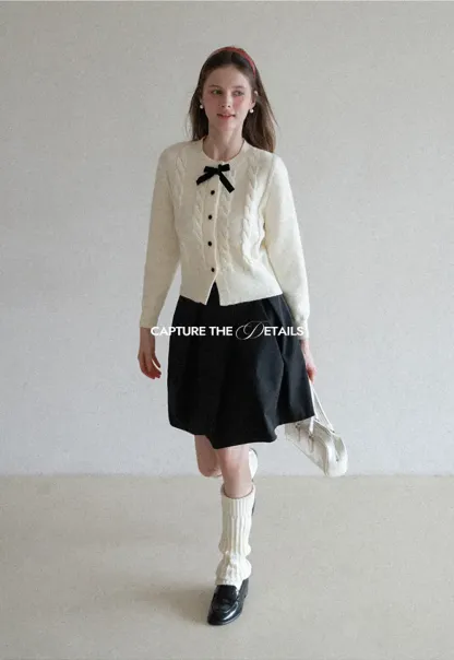 Elegant Cable Knit Cardigan with Bow Detail
