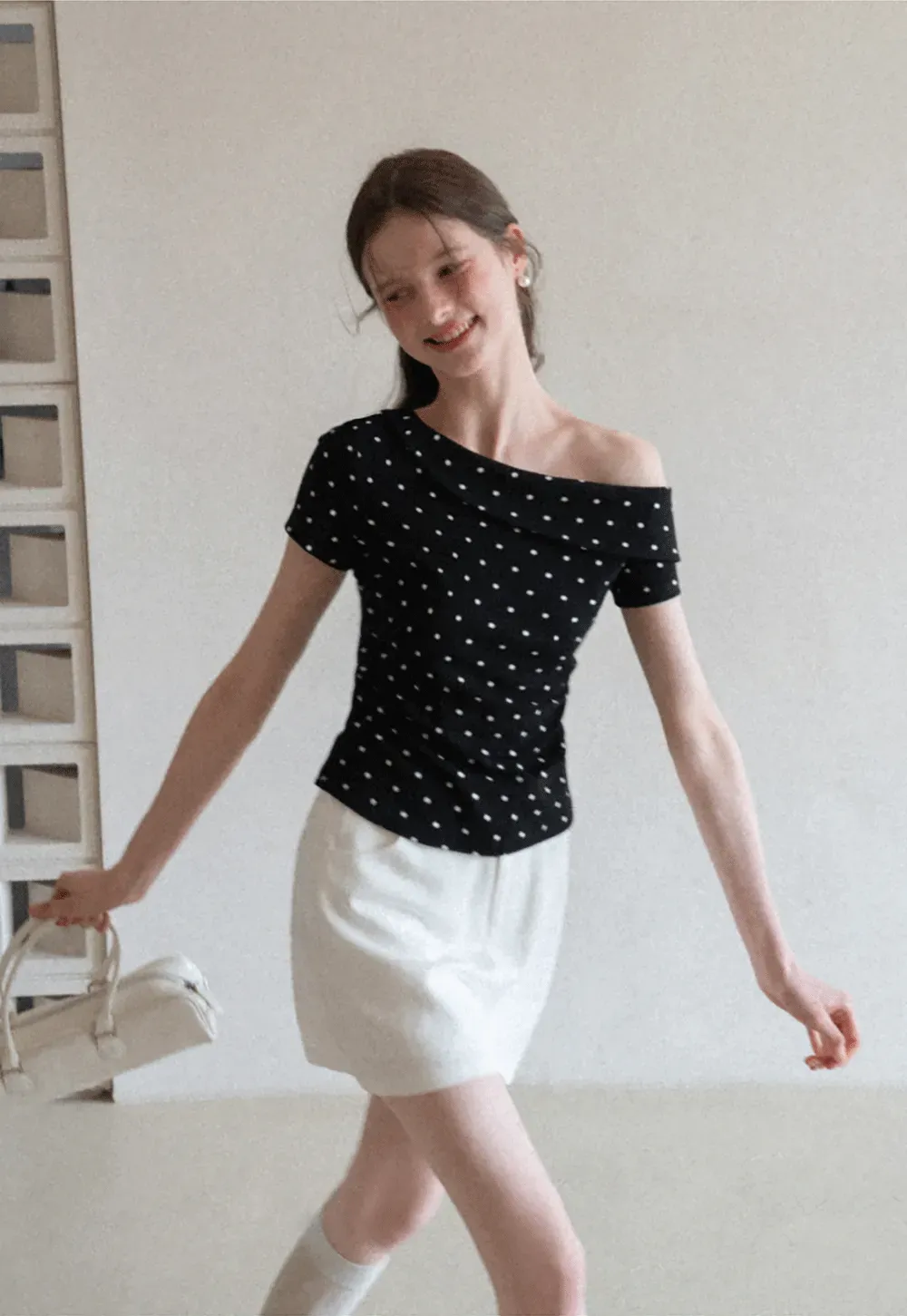 Polka dot off shoulder short sleeve tops