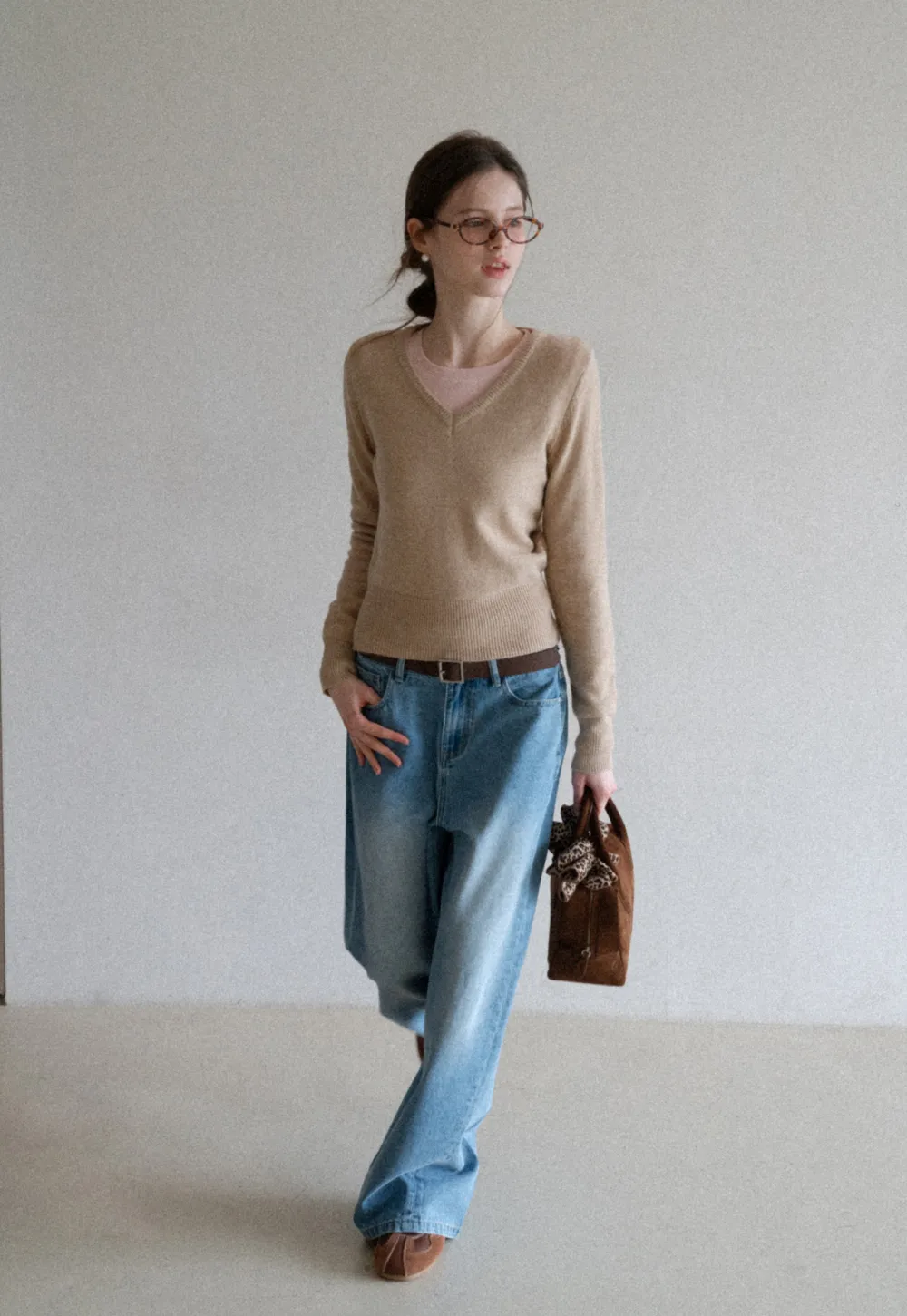 V Neck Knit Sweater with Layered Collar Design