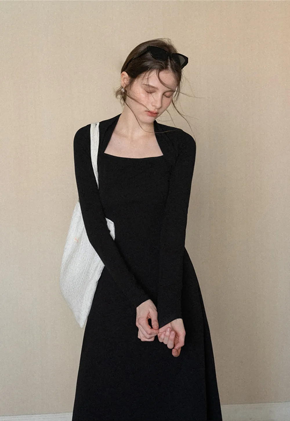 Elegant Square Neck Long Sleeve Dress