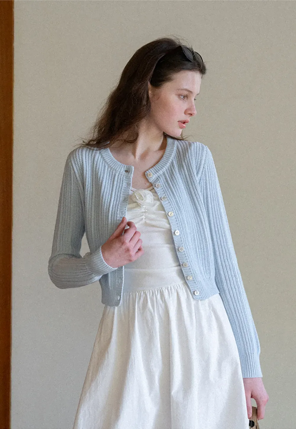 Sleeveless V Neck Midi Dress with Ruched Bodice