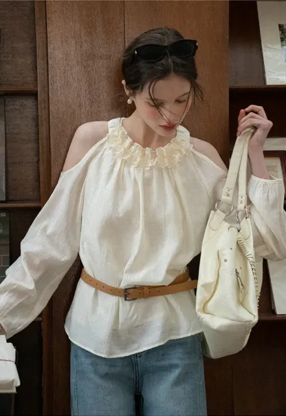 Lace Chiffon Blouse with Ruffled Neck and Cold Shoulder