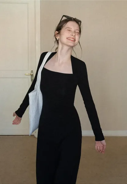 Elegant Square Neck Long Sleeve Dress