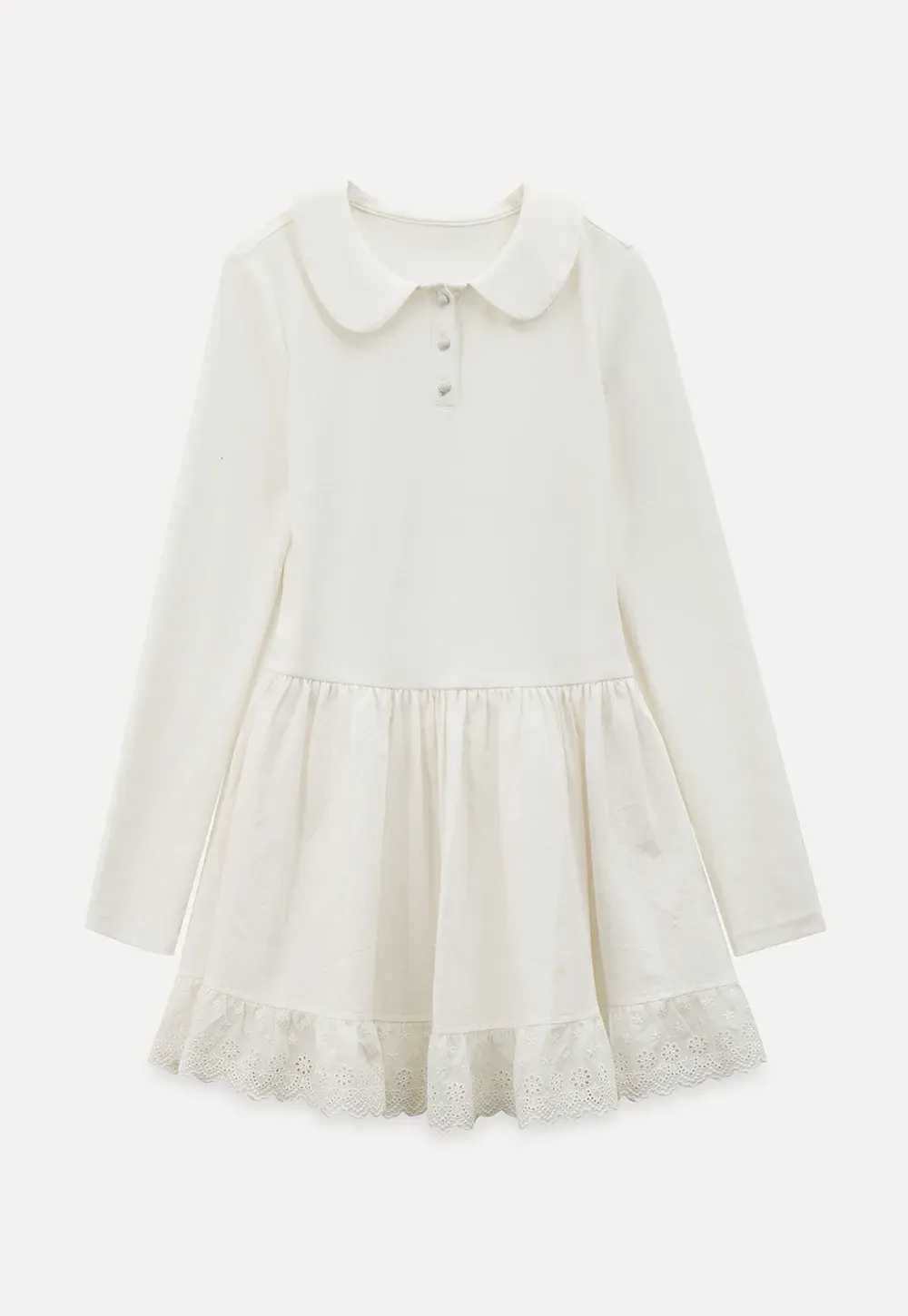 Elegant Long Sleeve Dress with Lace Trim and Flared Skirt