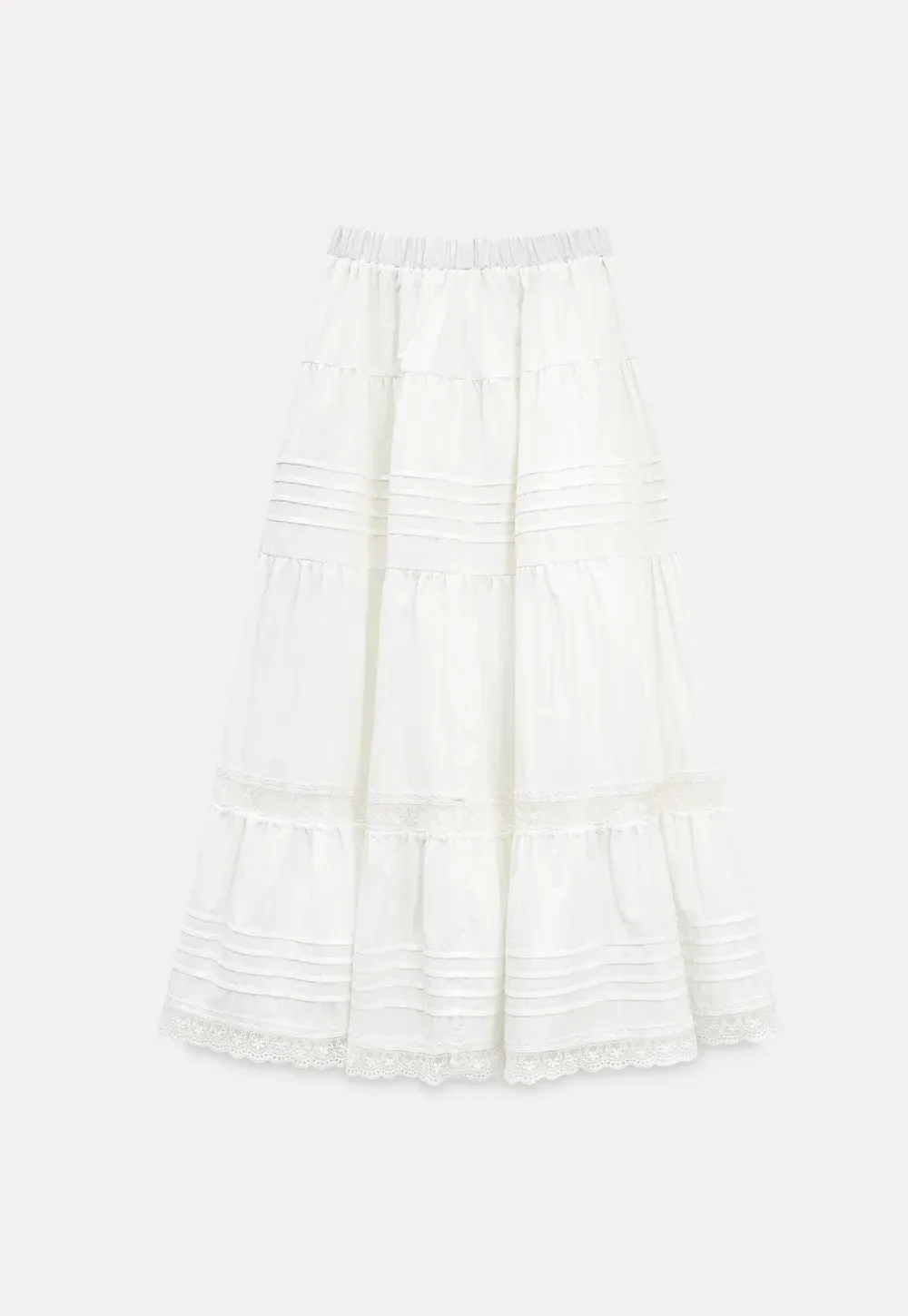 Tiered long skirt with lace trim