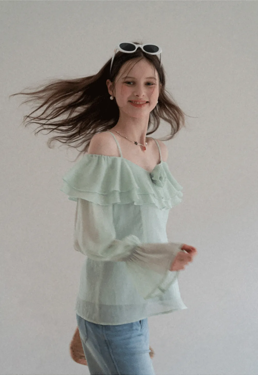 Off Shoulder Blouse with Ruffled Layers and Floral Embellishment